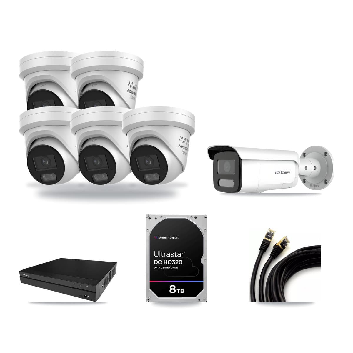 Hikvision & Prolux 8-Channel 4MP CCTV Kit — 5 DS-2CD2347G3 Turret + 1 DS-2CD2T47G2H Bullet Cameras + 8TB Recording - Image 1