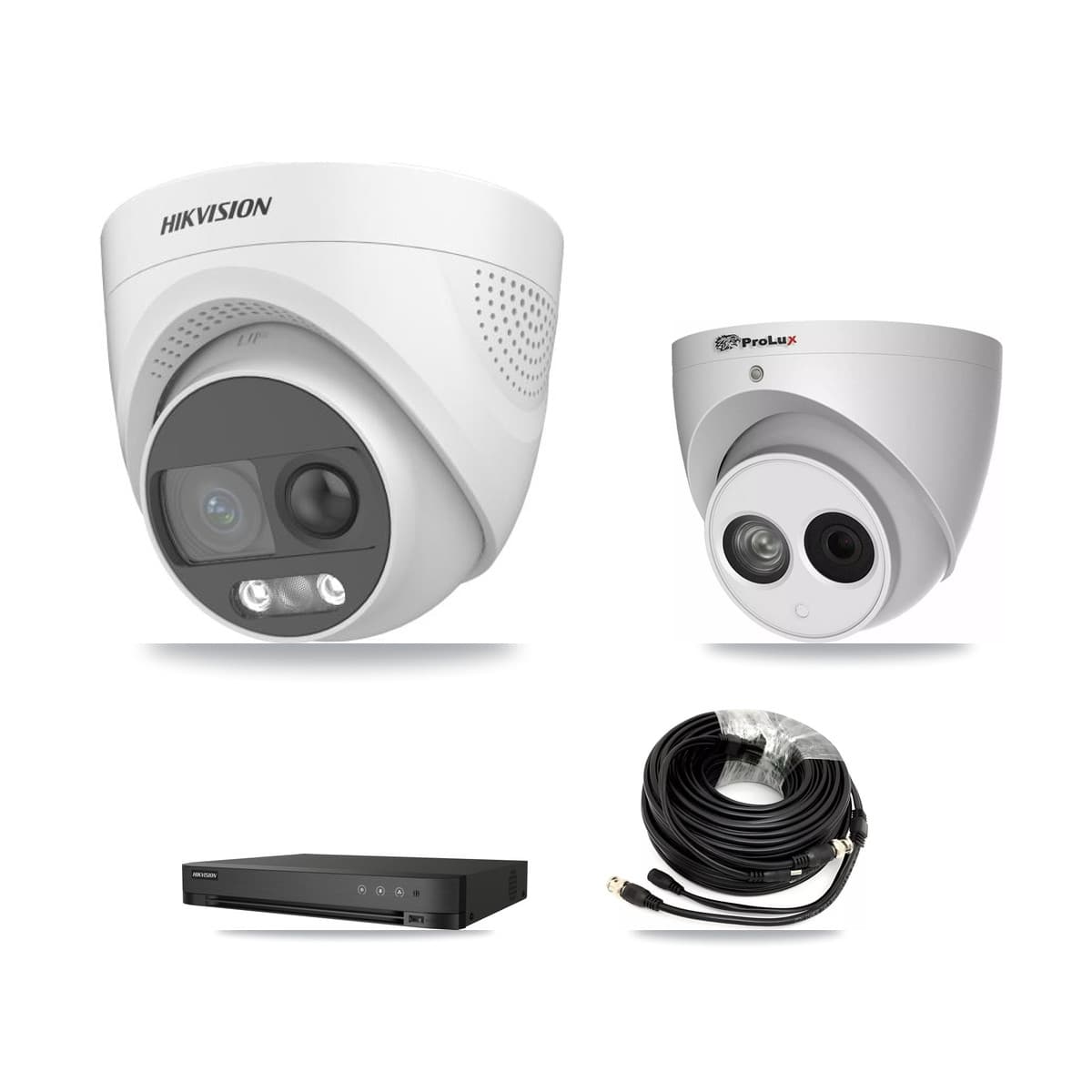 Hikvision & Prolux 4-Channel 4MP – 5MP CCTV Kit — 1 DS-2CE72KF3T 5MP + 1 PXC-612C4W-A 4MP Turret Cameras + 3TB Recording (IDS-7204HQHI Recorder)