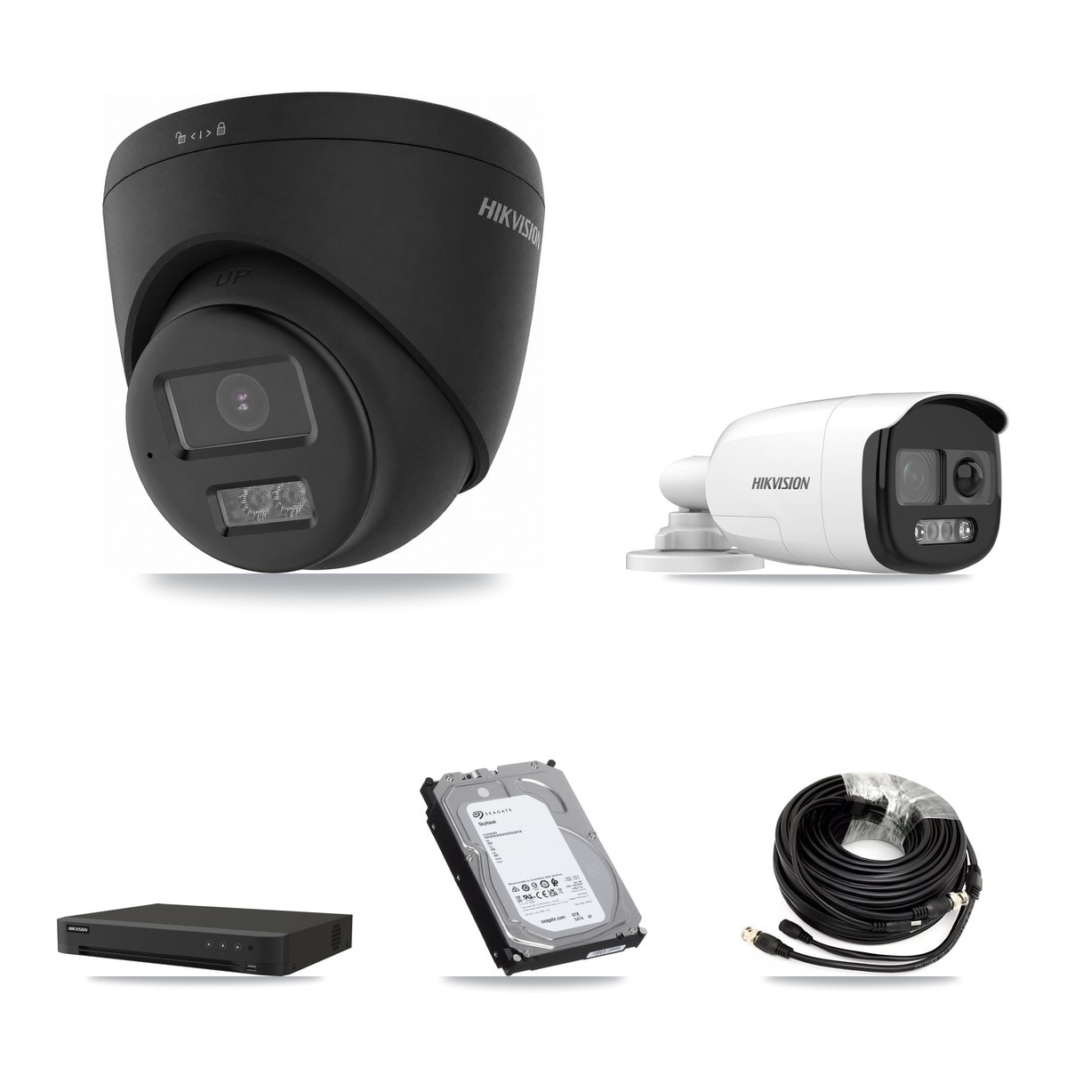 Hikvision 8-Channel 5MP – 4K CCTV Kit — 2 DS-2CE12KF3T-PIRXO 5MP Bullet + 6 Black DS-2CE78U0T-LTS-BLACK 4K Turret Cameras + 6TB Recording (IDS-7208HUHI-M1/XT Recorder)