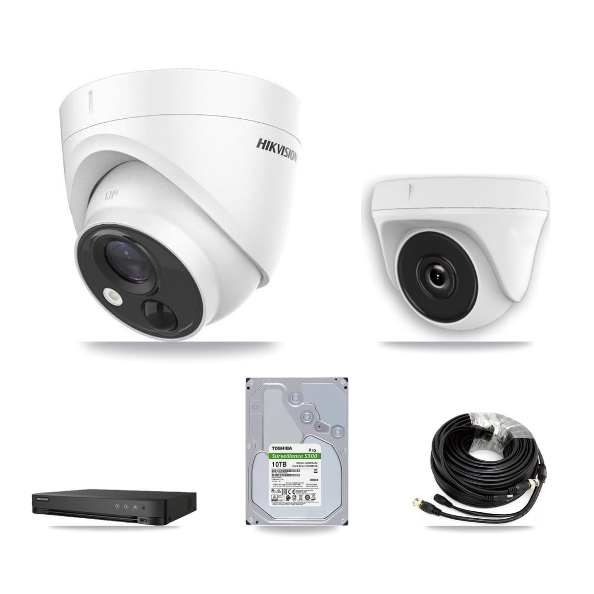 Hikvision 8-Channel 2MP – 5MP CCTV Kit — 7 DS-2CE71H0T 5MP Turret + 1 White HDT-2MP-N20W 2MP Dome Cameras + 10TB Recording (IDS-7208HQHI Recorder) - Image 1