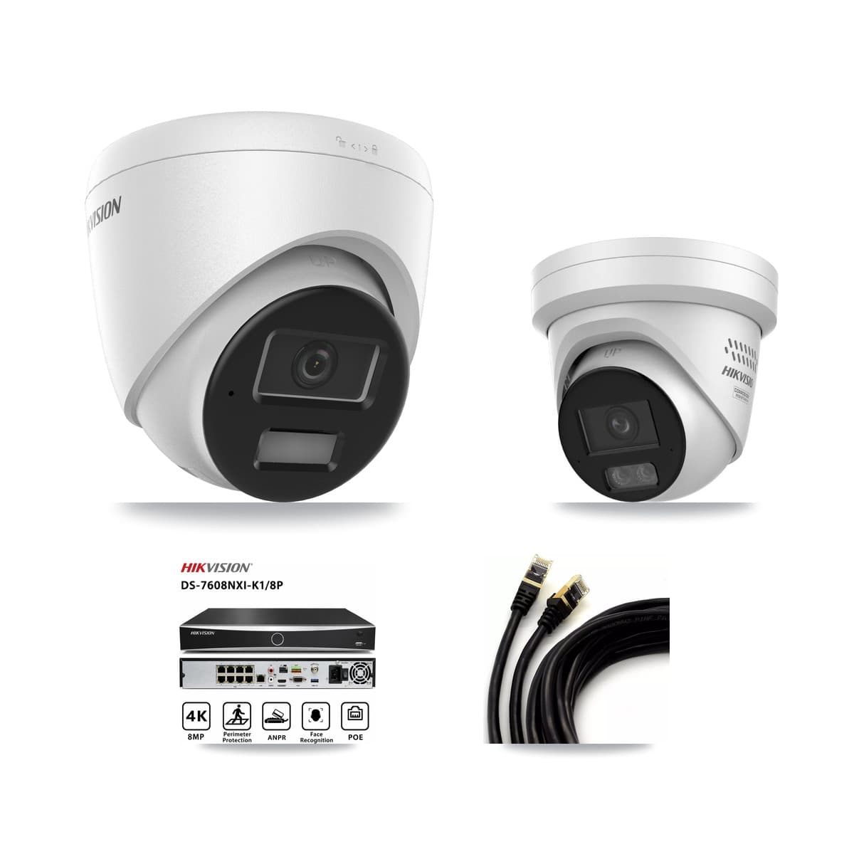 Hikvision 8-Channel 4MP CCTV Kit — 1 DS-2CD1343G2 + 1 DS-2CD2347G3 Turret Cameras + 3TB Recording (DS-7608NXI Recorder)