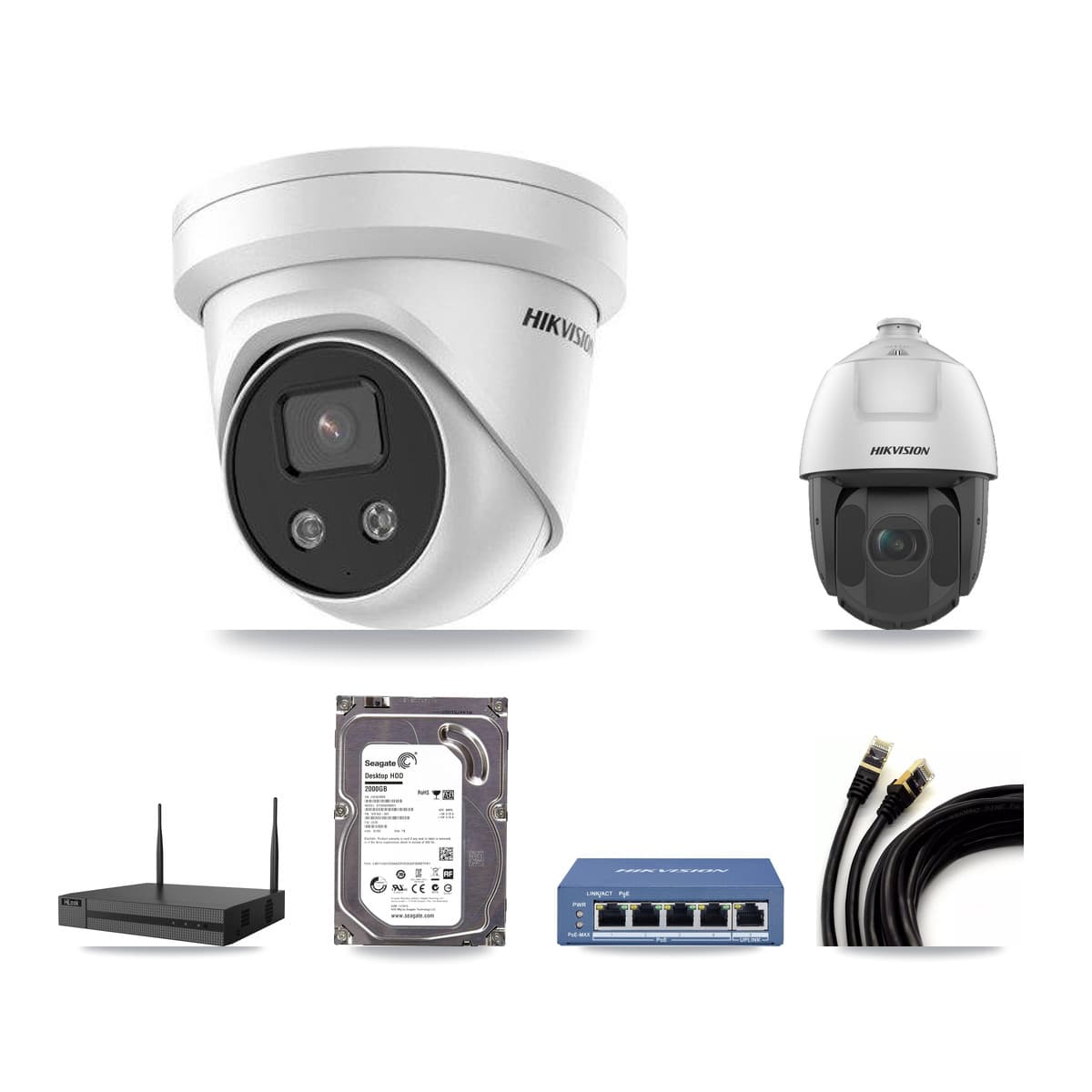 Hikvision & HiLook 4-Channel 2MP – 5MP CCTV Kit — 1 5MP Turret + 1 2MP PTZ Cameras + 2TB Recording