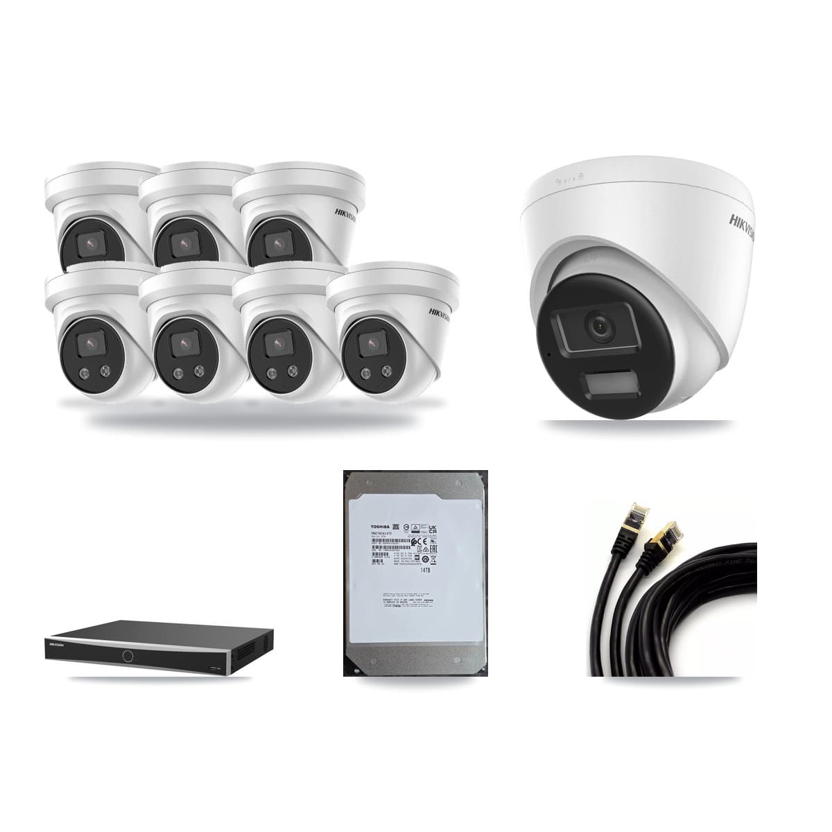 Hikvision 16-Channel 5MP – 4K CCTV Kit — 1 DS-2CD1383G2-LIUF/SL 4K + 7 DS-2CD3356G2-ISU 5MP Turret Cameras + 14TB Recording (DS-7616NXI-K2/16P(E) Recorder) - Image 1