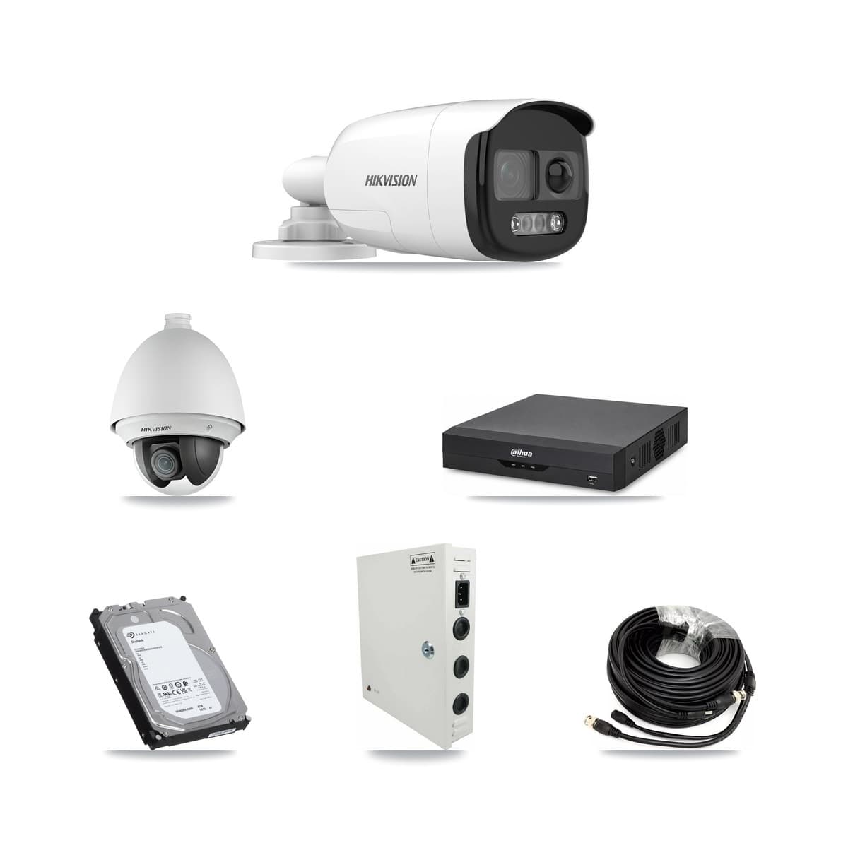 Hikvision & Dahua 4-Channel 2MP – 5MP CCTV Kit — 1 DS-2AE4225T 2MP PTZ + 3 DS-2CE12KF3T 5MP Bullet Cameras + 6TB Recording