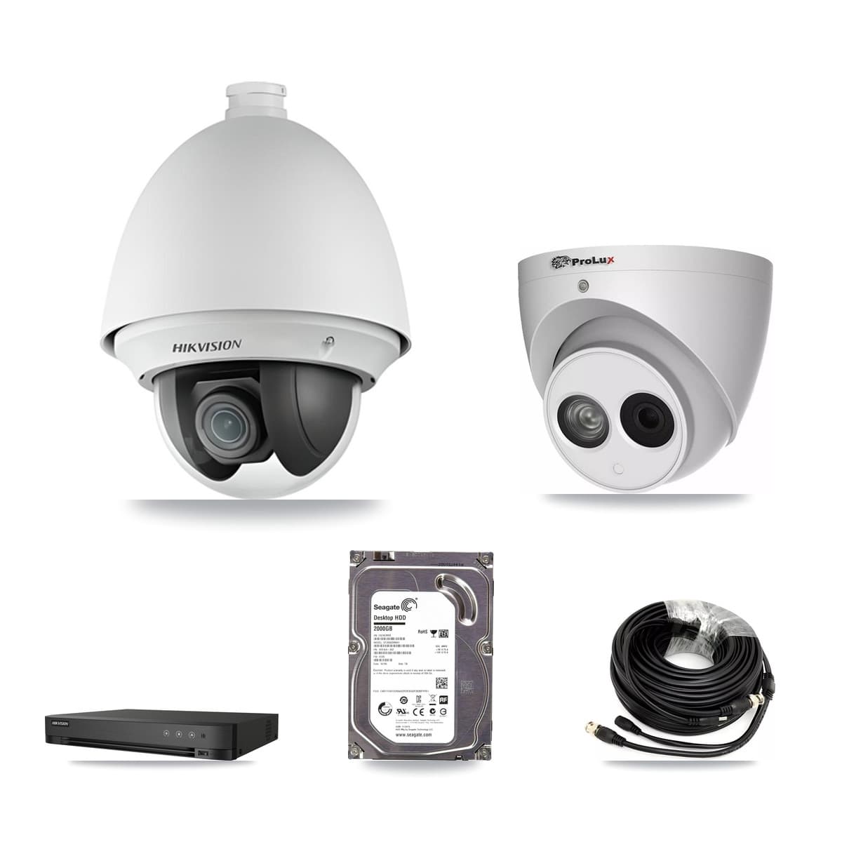 Hikvision & Prolux 4-Channel 2MP – 4MP CCTV Kit — 1 DS-2AE4225T 2MP PTZ + 1 PXC-612C4W-A 4MP Turret Cameras + 2TB Recording (DS-7204HUHI Recorder)