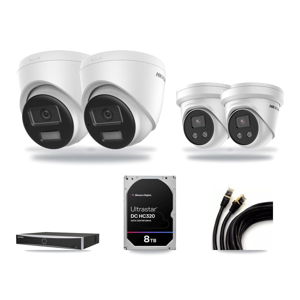 Hikvision 4-Channel 5MP – 4K CCTV Kit — 2 DS-2CD1383G2-LIUF/SL 4K + 2 DS-2CD3356G2-ISU 5MP Turret Cameras + 8TB Recording (DS-7604NXI-K1/4P Recorder) - Image 1