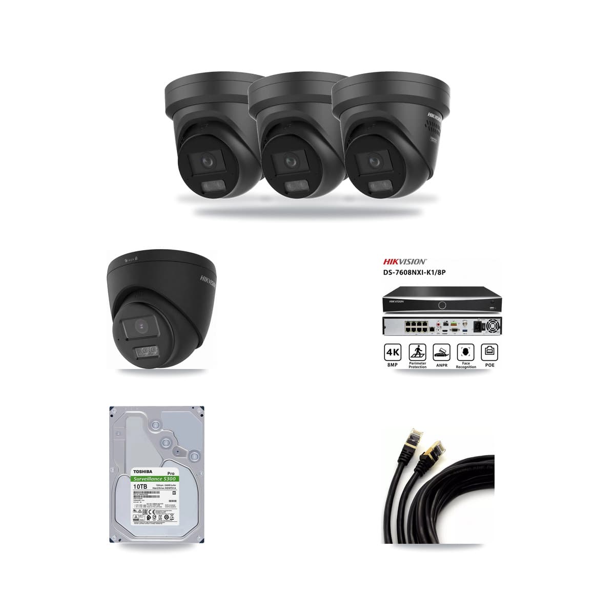 Hikvision 8-Channel 4K CCTV Kit — 1 Black DS-2CD1383G2 + 3 Black DS-2CD2387G3 Turret Cameras + 10TB Recording - Image 1