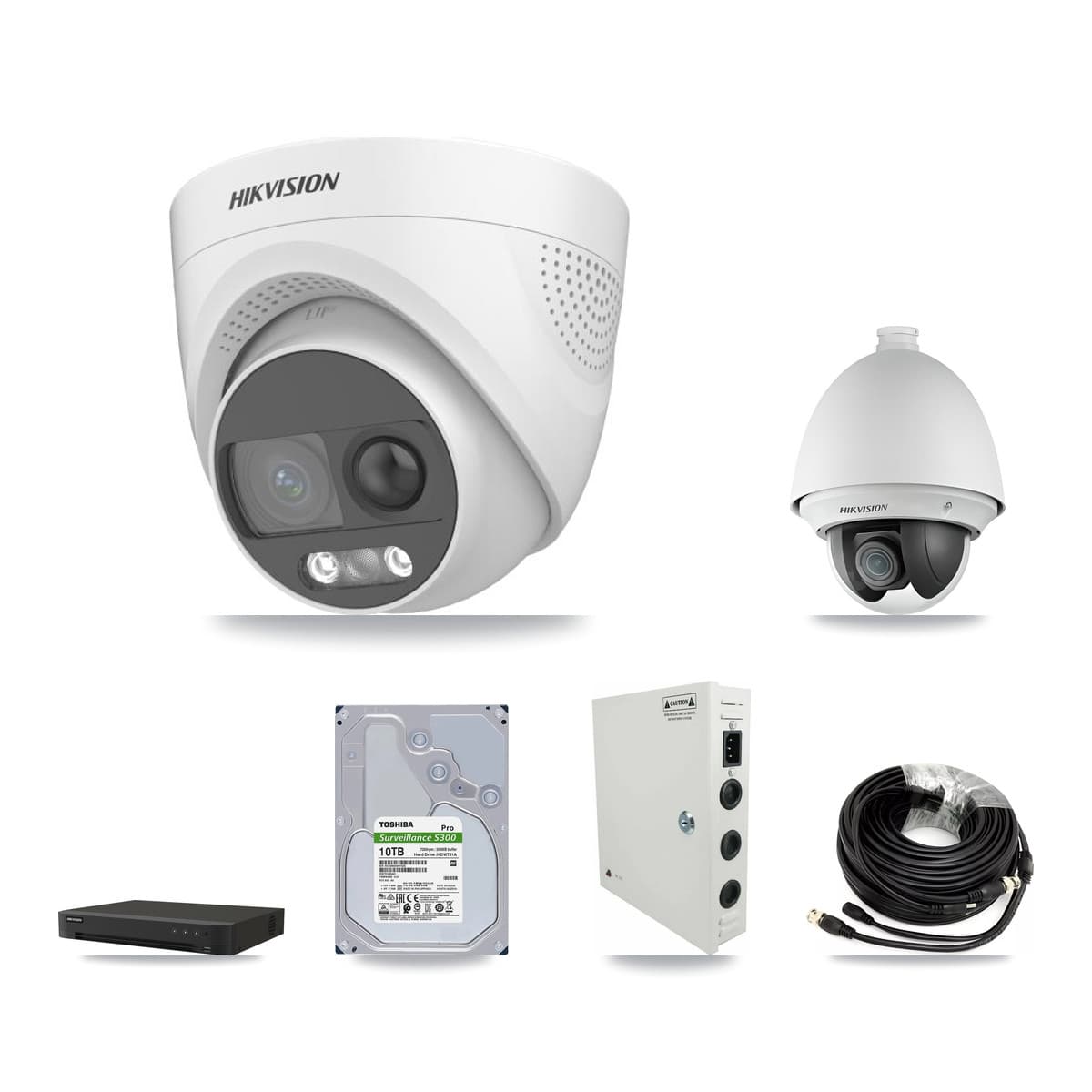 Hikvision 16-Channel 2MP – 5MP CCTV Kit — 1 DS-2AE4225T 2MP PTZ + 7 DS-2CE72KF3T 5MP Turret Cameras + 10TB Recording (IDS-7216HQHI Recorder)