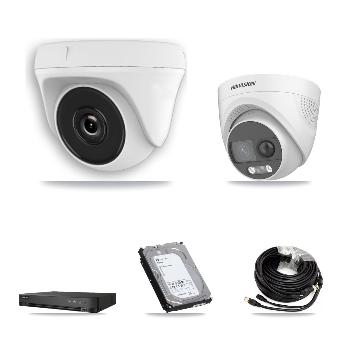 Hikvision 8-Channel 2MP – 5MP CCTV Kit — 1 DS-2CE72KF3T 5MP Turret + 7 White HDT-2MP-N20W 2MP Dome Cameras + 6TB Recording (IDS-7208HQHI Recorder) - Image 1