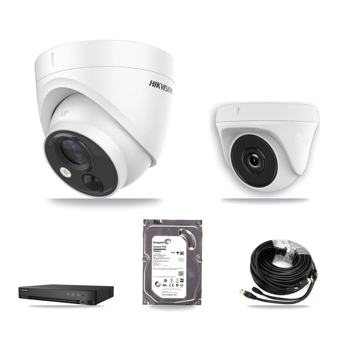 Hikvision 4-Channel 2MP – 5MP CCTV Kit — 1 DS-2CE71H0T 5MP Turret + 1 White HDT-2MP-N20W 2MP Dome Cameras + 2TB Recording (IDS-7204HQHI Recorder) - Image 1