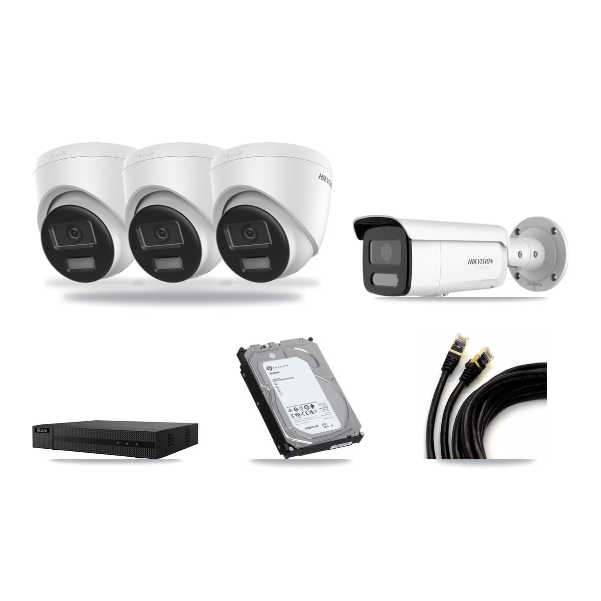 Hikvision & HiLook 8-Channel 4K CCTV Kit — 3 DS-2CD1383G2-LIU Turret + 1 White DS-2CD2T87G2H-LISU/SL-2.8MM-W Bullet Cameras + 6TB Recording (NVR-108MH-D/8P Recorder) - Image 1