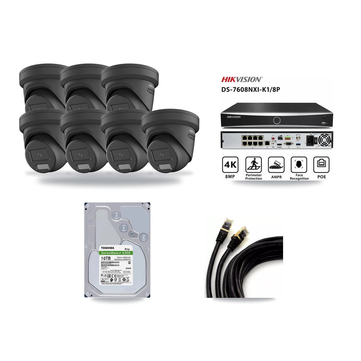 Hikvision 8-Channel 4MP CCTV Kit — 7 Black Turret Cameras + 10TB Recording (DS-7608NXI Recorder) - Image 1