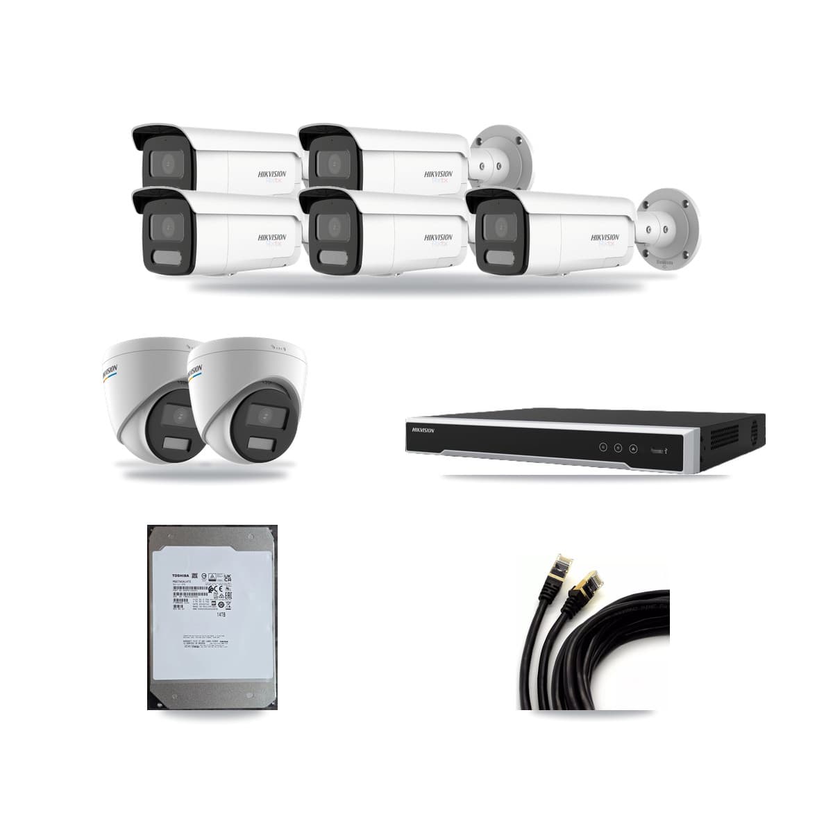Hikvision 8-channel CCTV kit: 7 cameras (5× 4K Bullet + 2× 2MP Turret), 14TB hard drive
