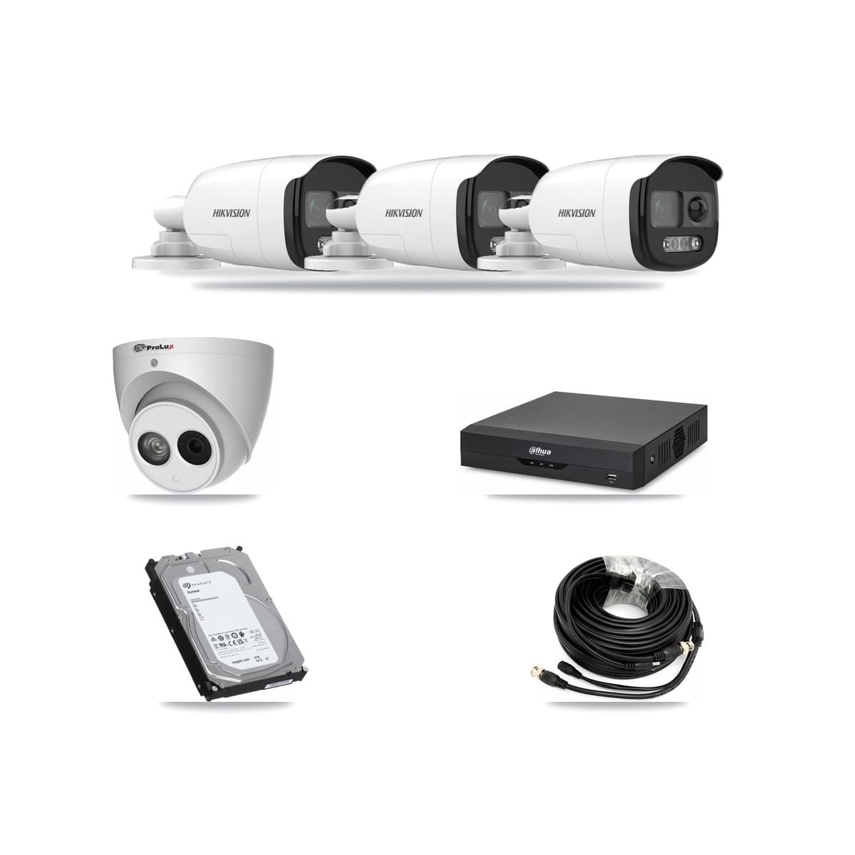 4-Channel 4MP – 5MP CCTV Kit — 3 DS-2CE12KF3T 5MP Bullet + 1 PXC-612C4W-A 4MP Turret Cameras + 6TB Recording (DH-XVR5104HS Recorder) - Image 1
