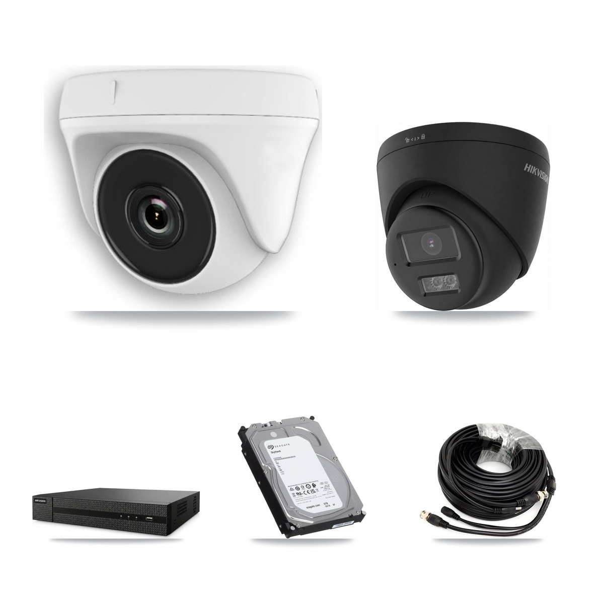 Hikvision 8-Channel 2MP – 4K CCTV Kit — 1 Black 4K Turret + 7 White 2MP Dome Cameras + 6TB Recording (DVR-8CH Recorder) - Image 1
