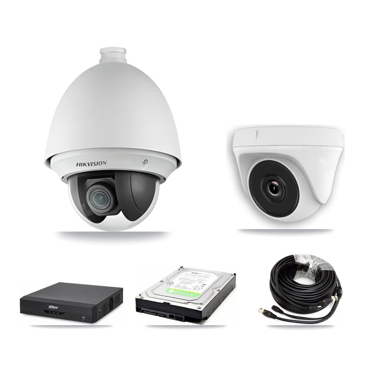 Hikvision & Dahua 4-Channel 2MP CCTV Kit — 1 DS-2AE4225T PTZ + 1 White HDT-2MP-N20W Dome Cameras + 1TB Recording
