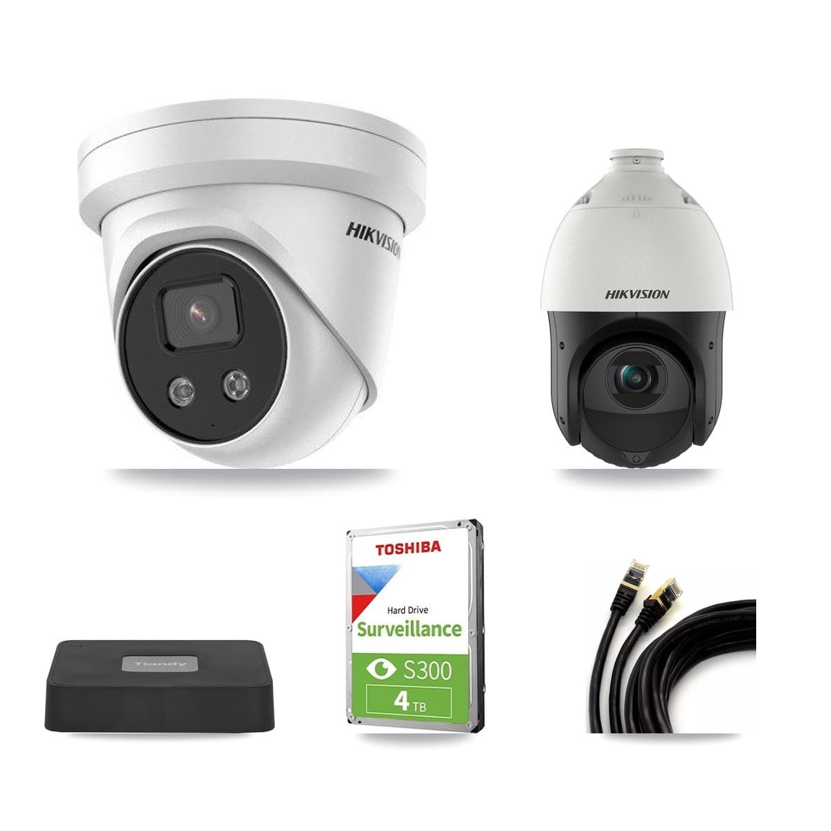 Hikvision & Tiandy 4-Channel 4MP – 5MP CCTV Kit — 2 5MP Turret + 1 4MP PTZ Cameras + 4TB Recording