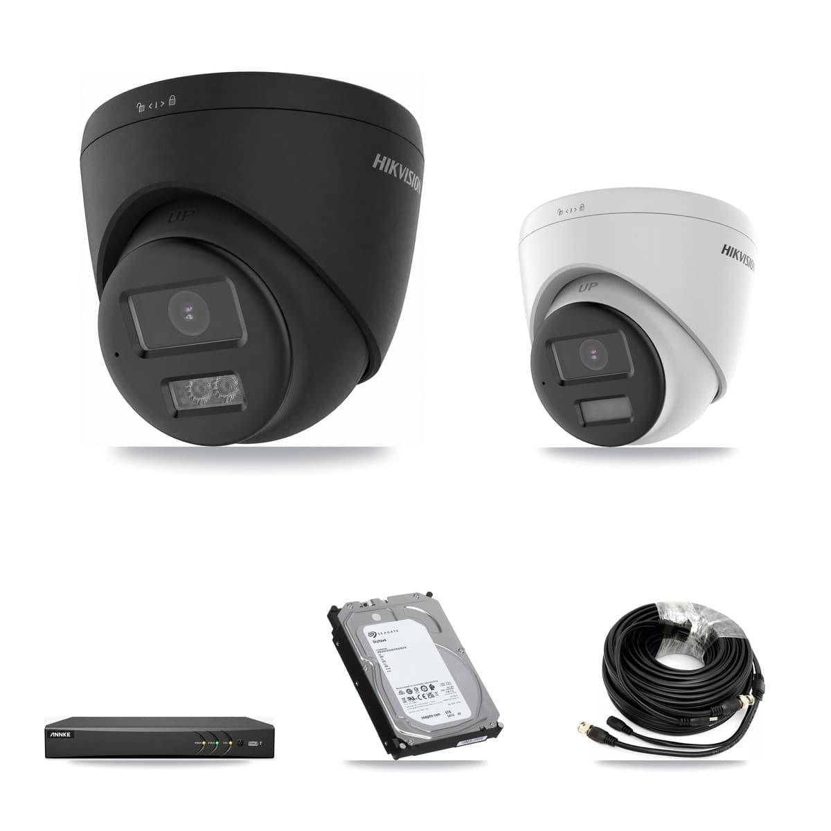 Hikvision & ANNKE 4-Channel 5MP – 4K CCTV Kit — 1 DS-2CE78K0T-LPTS 5MP + 3 Black DS-2CE78U0T-LTS-BLACK 4K Turret Cameras + 6TB Recording (AN-DV4-8MP-D941BB Recorder)