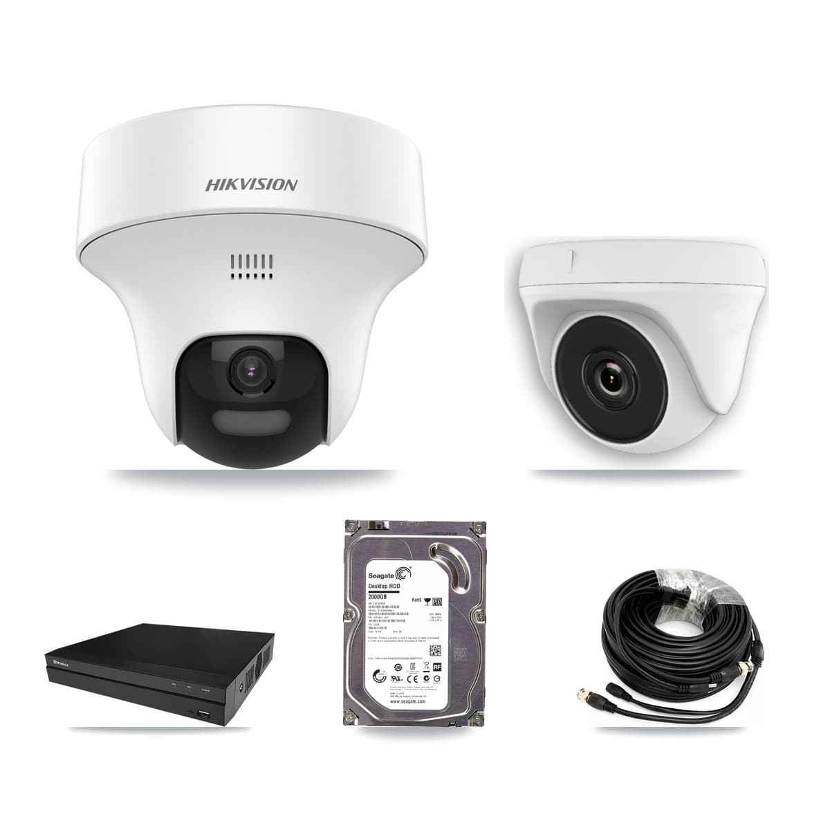 Hikvision & Prolux 8-Channel 2MP – 5MP CCTV Kit — 1 DS-2CE70K0T 5MP Turret + 1 White HDT-2MP-N20W 2MP Dome Cameras + 2TB Recording (PXD-5208AN Recorder)