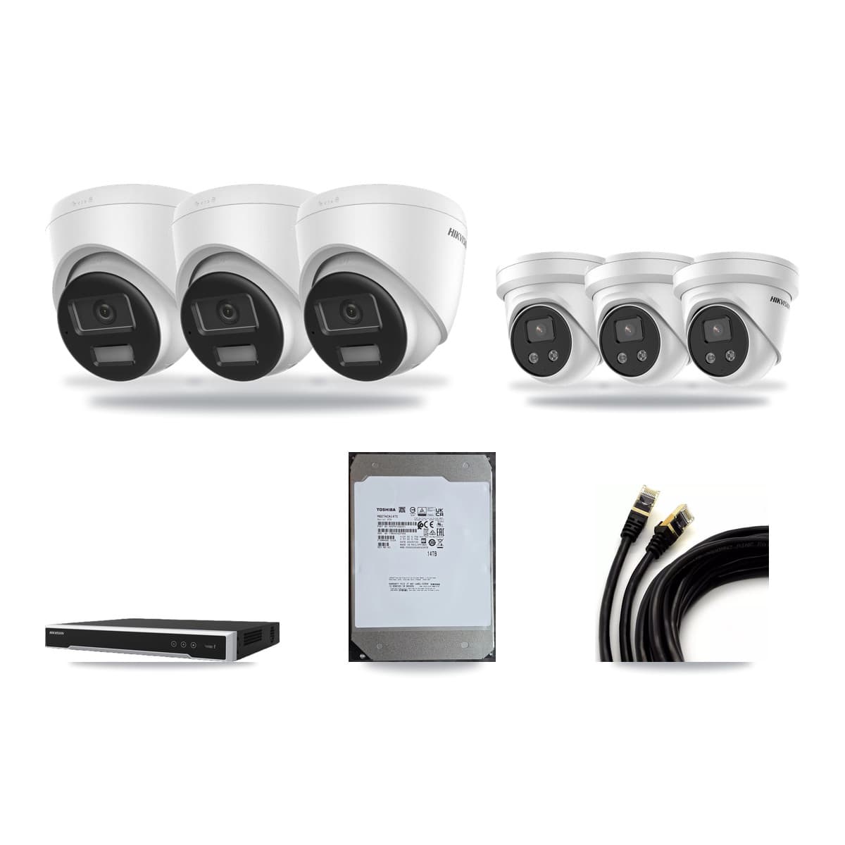 Hikvision 8-Channel 5MP – 4K CCTV Kit — 3 DS-2CD1383G2-LIUF/SL 4K + 3 DS-2CD3356G2-ISU 5MP Turret Cameras + 14TB Recording (DS-7608NI-M2/8P Recorder) - Image 1