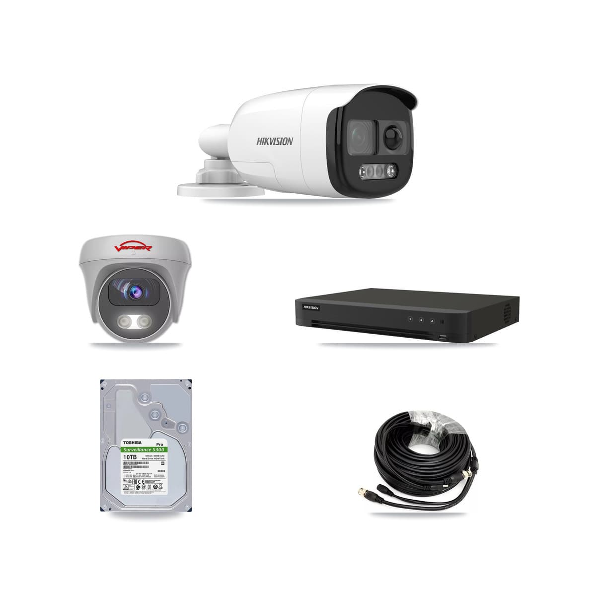 Hikvision & Viper 16-Channel 5MP CCTV Kit — 7 DS-2CE12KF3T Bullet + 1 White VIPER-5MP-3K Cameras + 10TB Recording (IDS-7216HQHI Recorder)