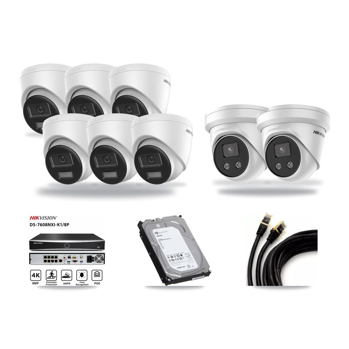 Hikvision 8-Channel 5MP – 4K CCTV Kit — 6 DS-2CD1383G2-LIUF/SL 4K + 2 DS-2CD3356G2-ISU 5MP Turret Cameras + 6TB Recording (DS-7608NXI-K1/8P Recorder) - Image 1