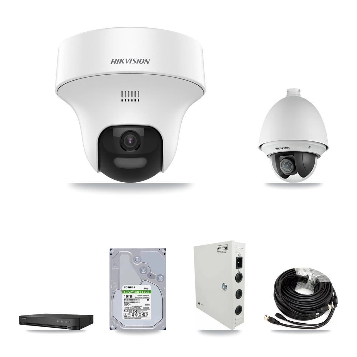 Hikvision 8-Channel 2MP – 5MP CCTV Kit — 1 DS-2AE4225T-A 2MP PTZ + 7 DS-2CE70K0T-PTLTS 5MP Turret Cameras + 10TB Recording (IDS-7208HUHI-M1/E Recorder)