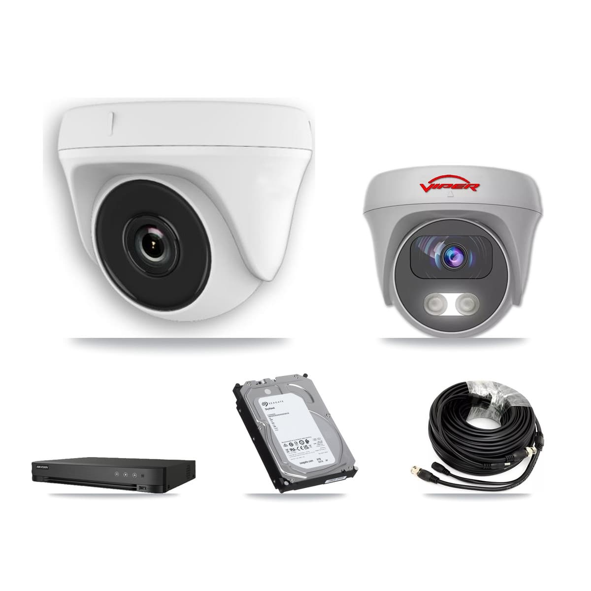 Viper & Hikvision 8-Channel 2MP – 5MP CCTV Kit — 7 White HDT-2MP-N20W-2.8MM 2MP Dome + 1 White VIPER-5MP-3K-AOC-WHITE-2.8MM 5MP Cameras + 6TB Recording (IDS-7208HUHI-M1/E Recorder)