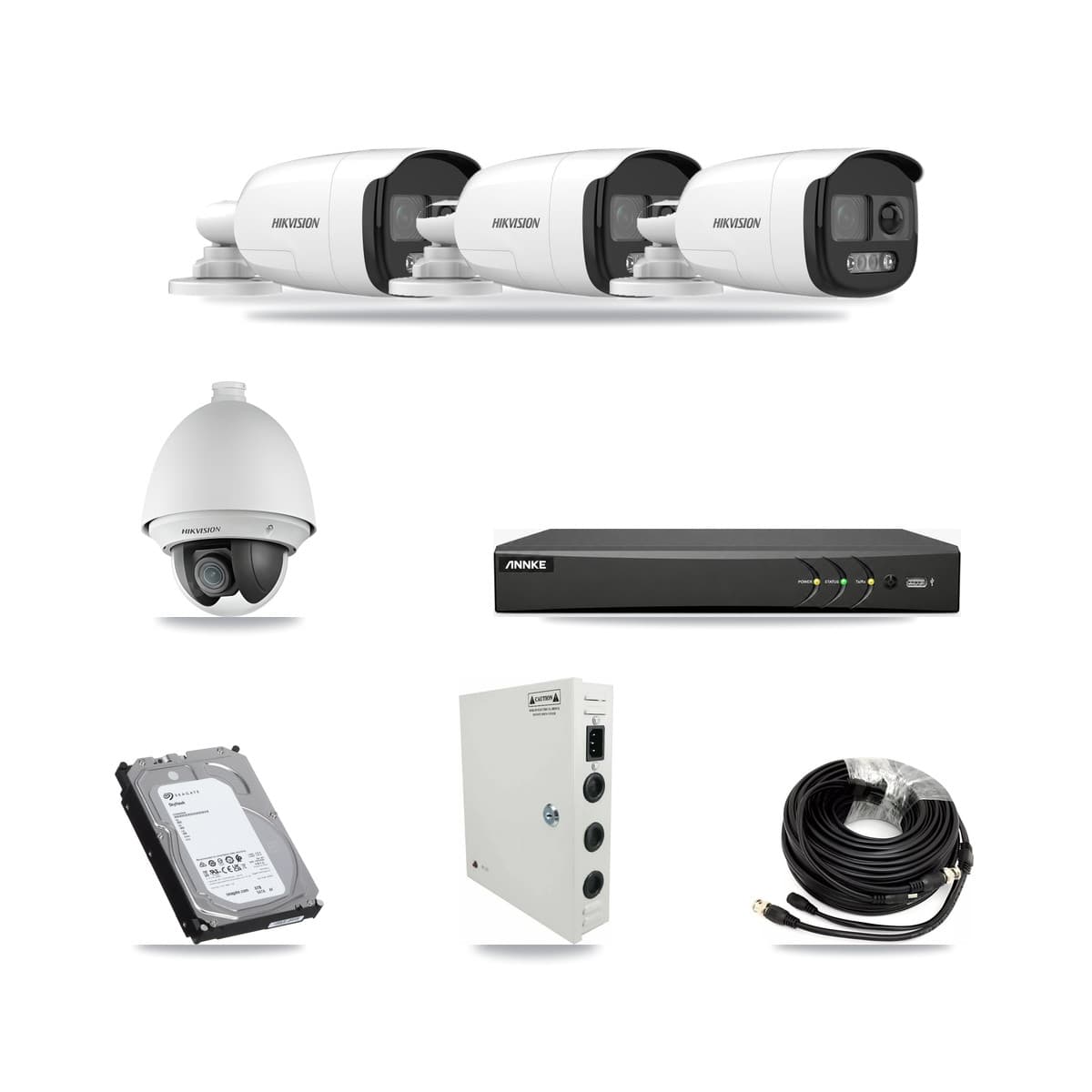 Hikvision & ANNKE 4-Channel 2MP – 5MP CCTV Kit — 1 DS-2AE4225T 2MP PTZ + 3 DS-2CE12KF3T 5MP Bullet Cameras + 6TB Recording - Image 1