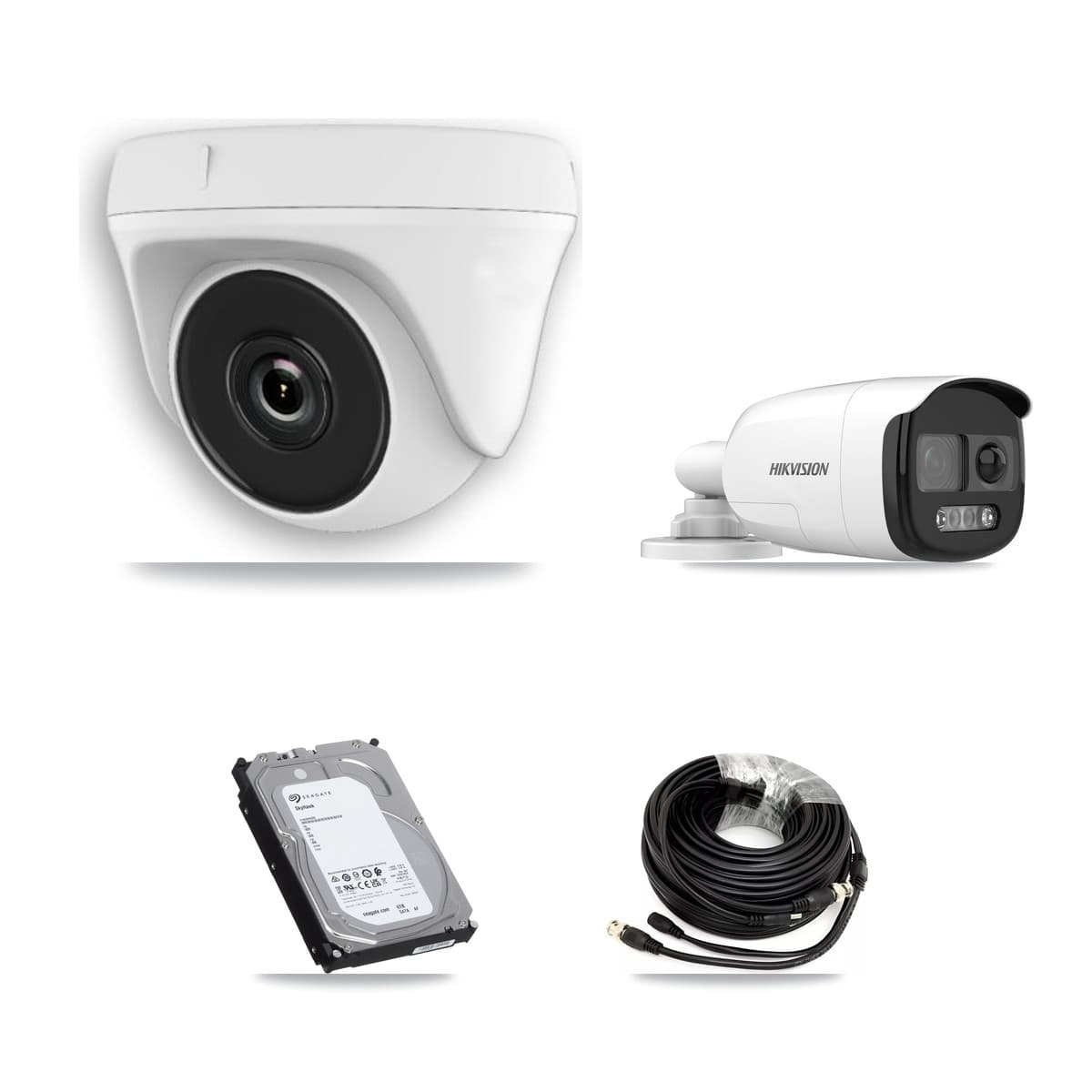 Hikvision 8-Channel 2MP – 5MP CCTV Kit — 1 DS-2CE12KF3T-PIRXO 5MP Bullet + 5 White HDT-2MP-N20W-2.8MM 2MP Dome Cameras + 6TB Recording (IDS-7208HUHI-M1/XT Recorder)