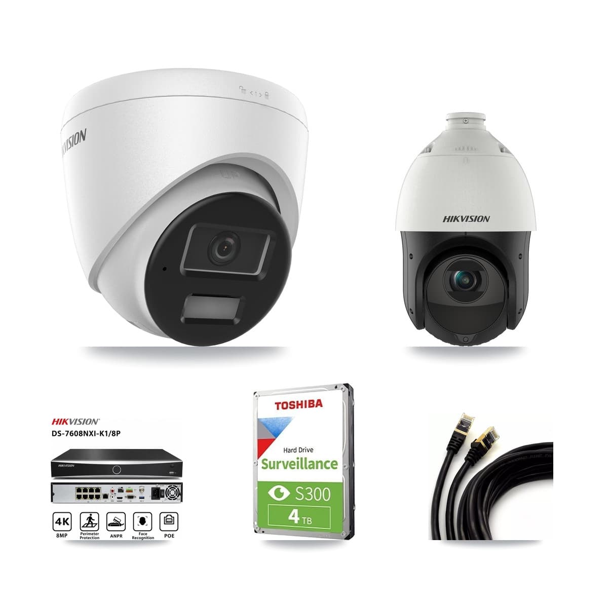 Hikvision 8-Channel 4MP CCTV Kit — 2 Turret + 1 PTZ Cameras + 4TB Recording (DS-7608NXI Recorder)