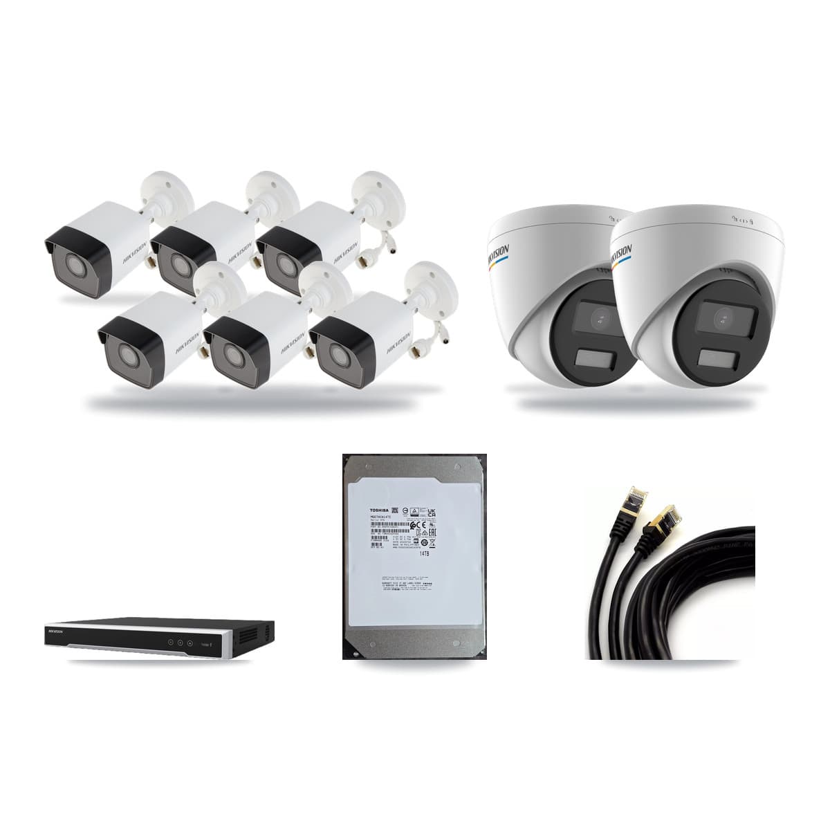 Hikvision 8-Channel 2MP – 5MP CCTV Kit — 6 5MP Bullet + 2 2MP Turret Cameras + 14TB Recording - Image 1