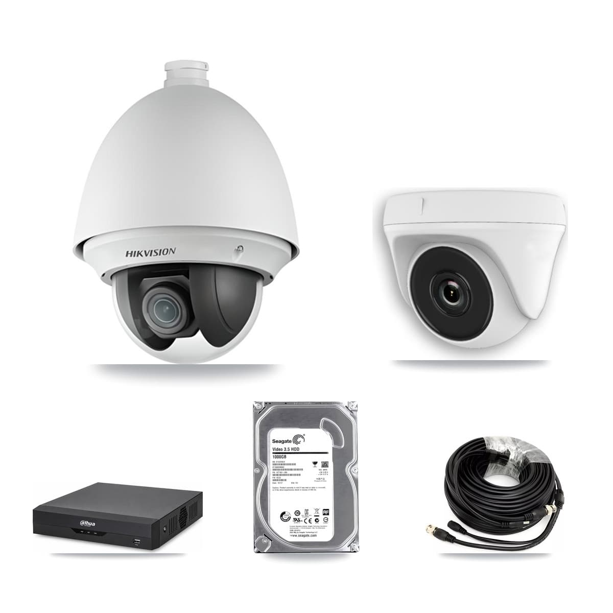 Hikvision & Dahua 4-Channel 2MP CCTV Kit — 1 DS-2AE4225T PTZ + 1 White HDT-2MP-N20W Dome Cameras + 1TB Recording - Image 1