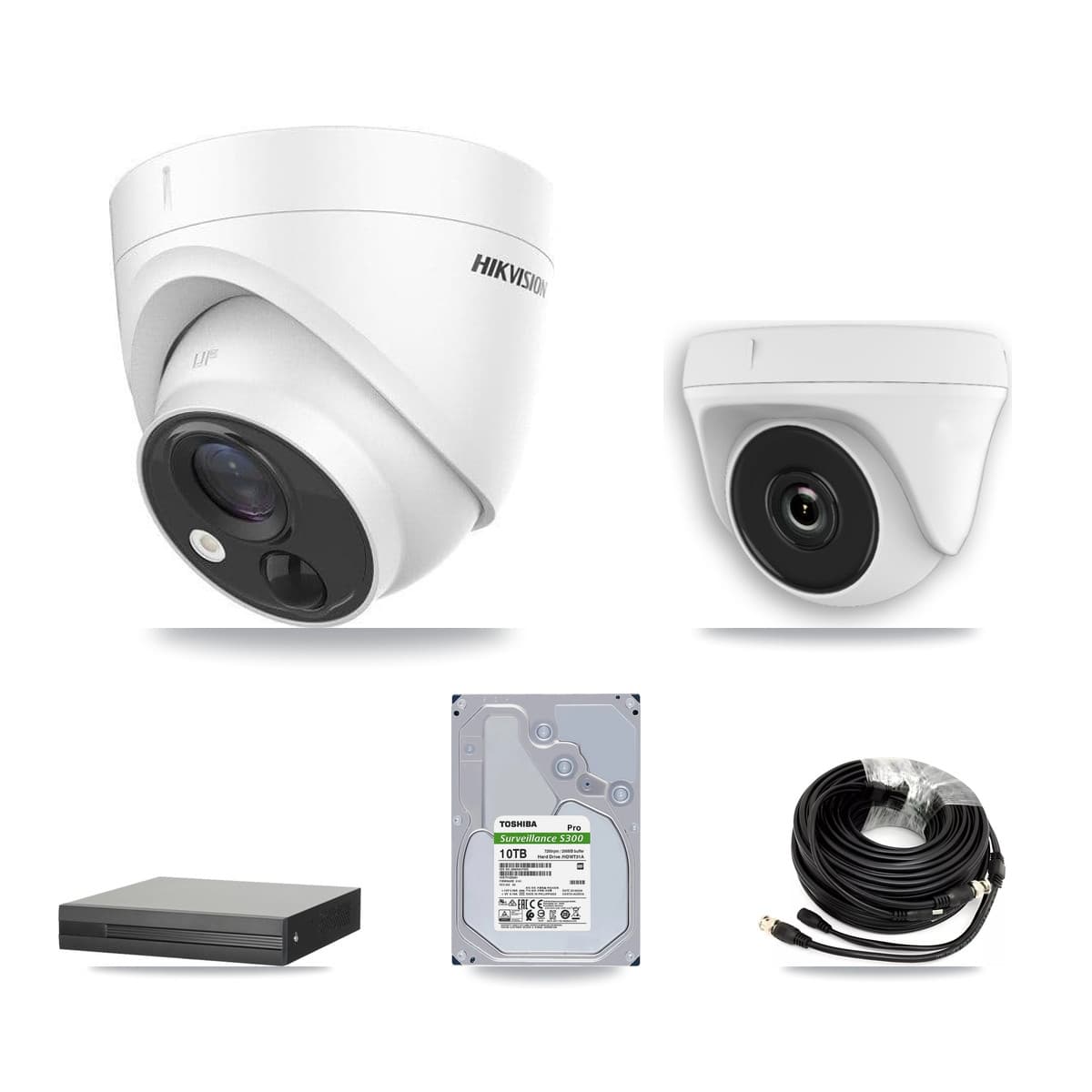 Hikvision 8-Channel 2MP – 5MP CCTV Kit — 7 DS-2CE71H0T 5MP Turret + 1 White HDT-2MP-N20W 2MP Dome Cameras + 10TB Recording (XVR-3108HS Recorder) - Image 1