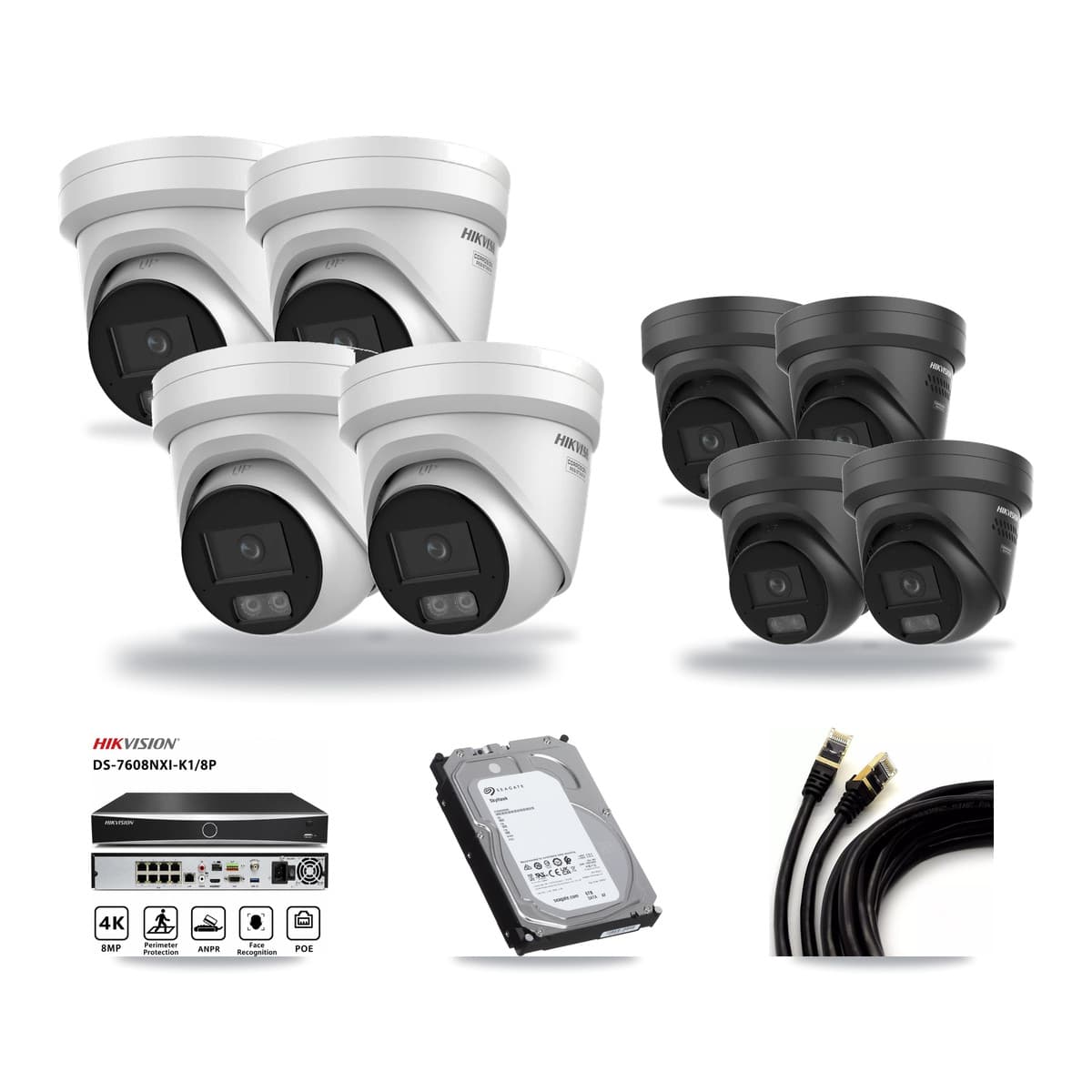 Hikvision 8-channel CCTV kit: 8 cameras (4× 4K Turret + 4× 4K Black Turret), 6TB hard drive