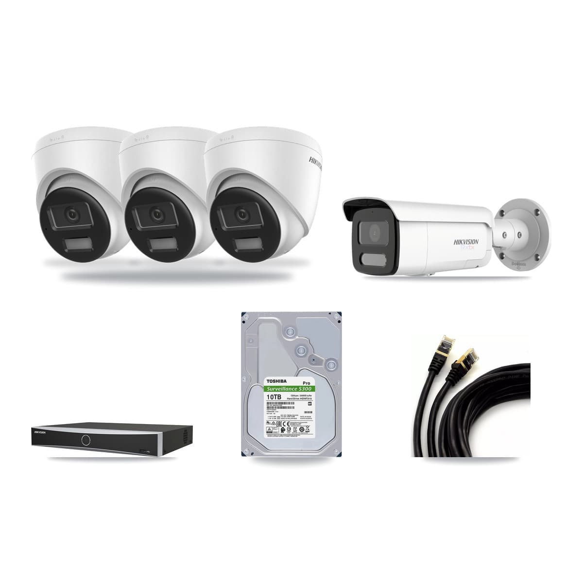 Hikvision 4-Channel 4K CCTV Kit — 3 DS-2CD1383G2-LIUF/SL Turret + 1 White DS-2CD2T87G2H-LISU/SL-2.8MM-W Bullet Cameras + 10TB Recording (DS-7604NXI-K1/4P Recorder) - Image 1