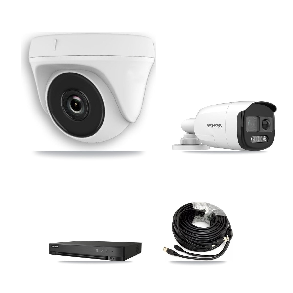 Hikvision 4-Channel 2MP – 5MP CCTV Kit — 1 DS-2CE12KF3T 5MP Bullet + 3 White HDT-2MP-N20W 2MP Dome Cameras + 3TB Recording (IDS-7204HQHI Recorder) - Image 1