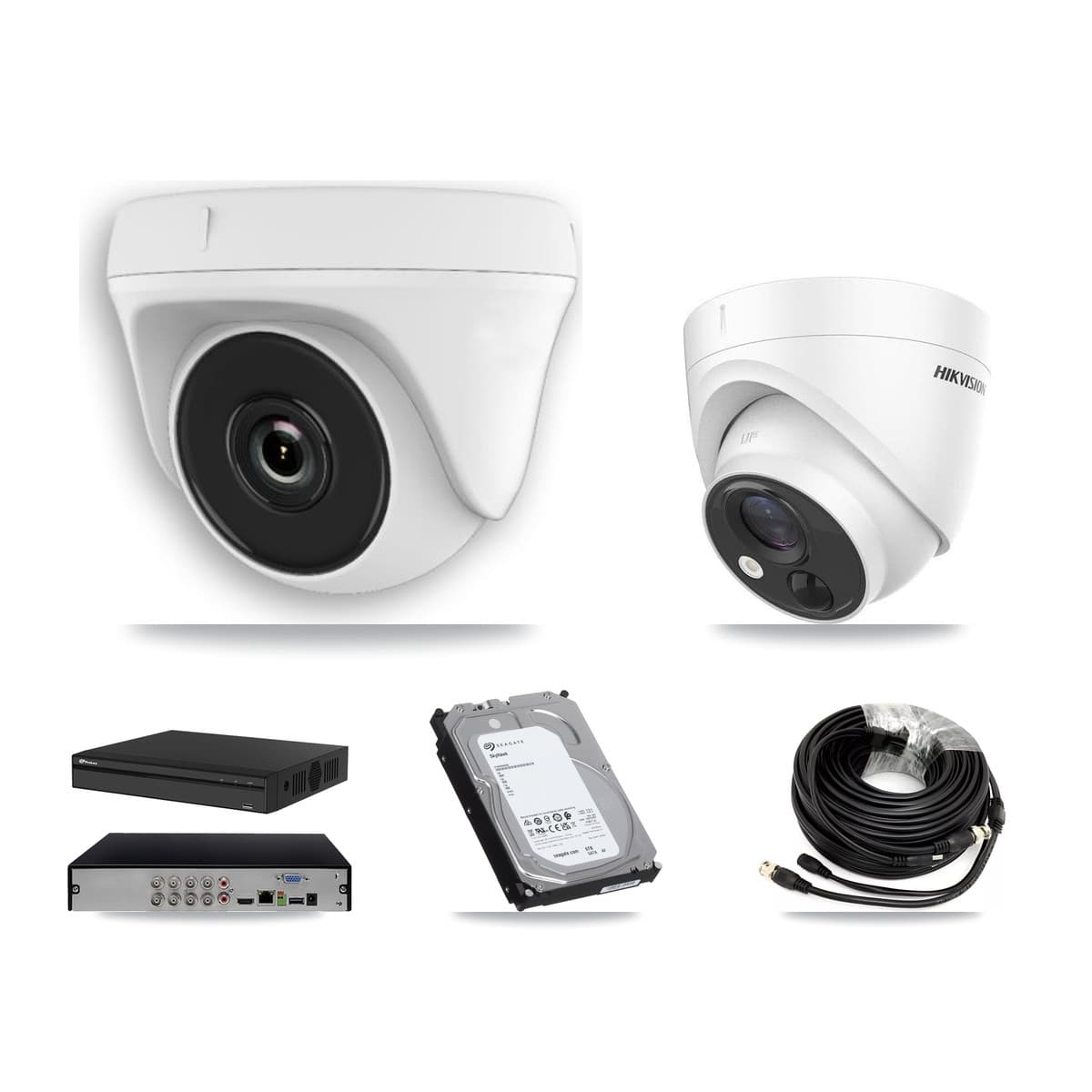Hikvision & Prolux 8-Channel 2MP – 5MP CCTV Kit — 2 DS-2CE71H0T 5MP Turret + 5 White HDT-2MP-N20W 2MP Dome Cameras + 6TB Recording (PXD-5108HS Recorder) - Image 1
