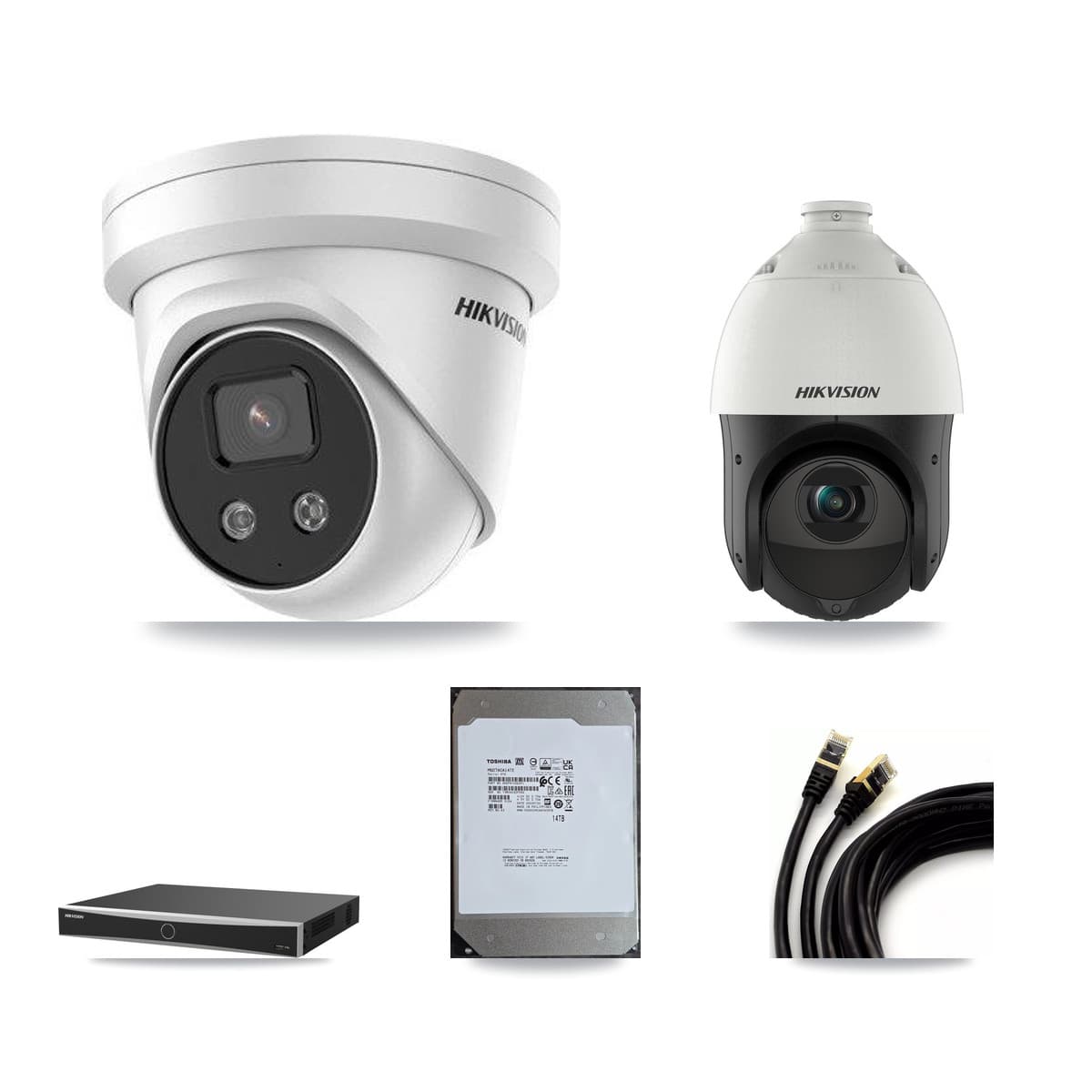 Hikvision 16-Channel 4MP – 5MP CCTV Kit — 7 5MP Turret + 1 4MP PTZ Cameras + 14TB Recording (DS-7616NXI Recorder)