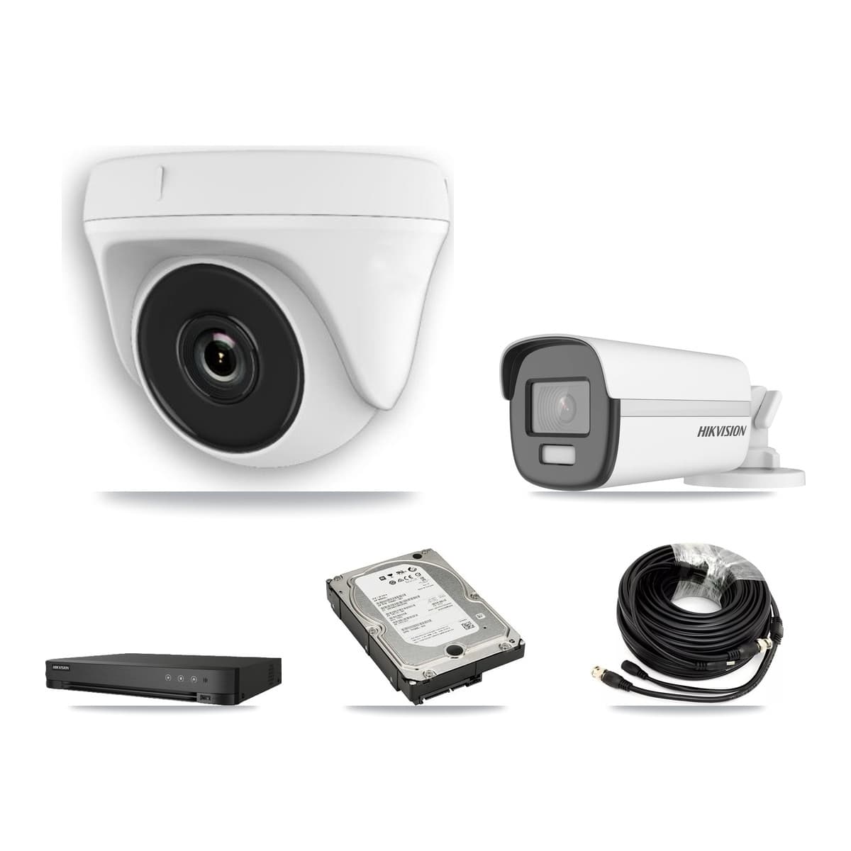Hikvision 8-Channel 2MP – 4K CCTV Kit — 1 DS-2CE12UF3T-E 4K Bullet + 4 White HDT-2MP-N20W-2.8MM 2MP Dome Cameras + 5TB Recording (IDS-7208HUHI-M1/E Recorder)