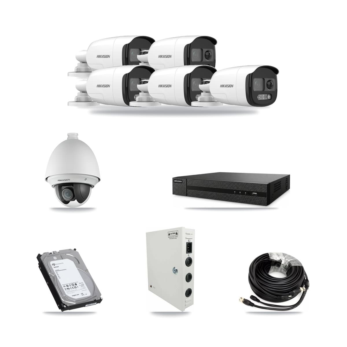 Hikvision 8-Channel 2MP – 5MP CCTV Kit — 1 DS-2AE4225T 2MP PTZ + 5 DS-2CE12KF3T 5MP Bullet Cameras + 6TB Recording (DVR-8CH Recorder) - Image 1
