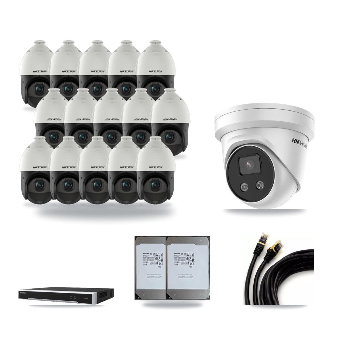 Hikvision 16-Channel 4MP – 5MP CCTV Kit — 1 5MP Turret + 15 4MP PTZ Cameras + 2× 14TB Recording (DS-7616NI-M2 Recorder) - Image 1