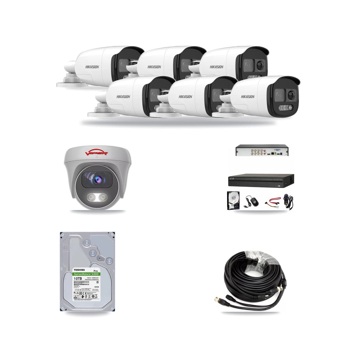 8-Channel 5MP CCTV Kit — 6 DS-2CE12KF3T Bullet + 1 White VIPER-5MP-3K Cameras + 10TB Recording (XVR-3108AD Recorder) - Image 1