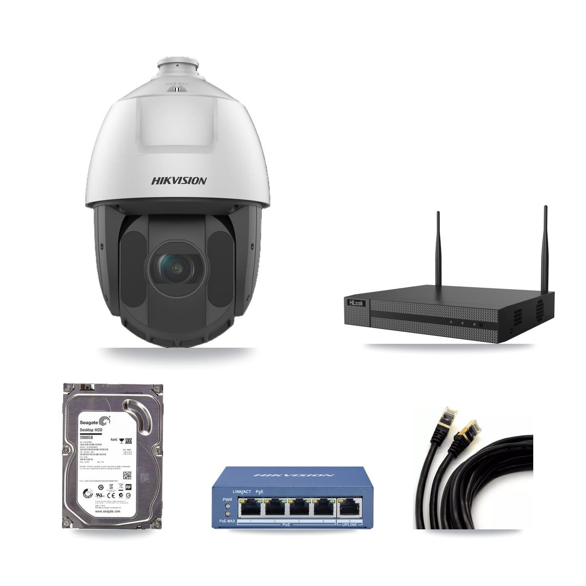 Hikvision & HiLook 4-Channel 2MP – 5MP CCTV Kit — 1 2MP PTZ + 1 5MP Dome Cameras + 2TB Recording
