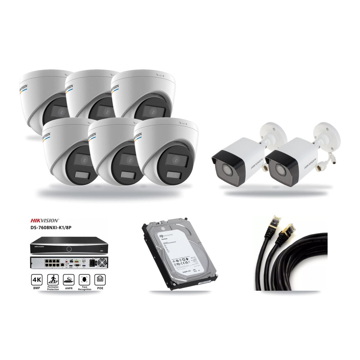Hikvision 8-Channel 2MP – 5MP CCTV Kit — 2 5MP Bullet + 6 2MP Turret Cameras + 6TB Recording (DS-7608NXI Recorder) - Image 1