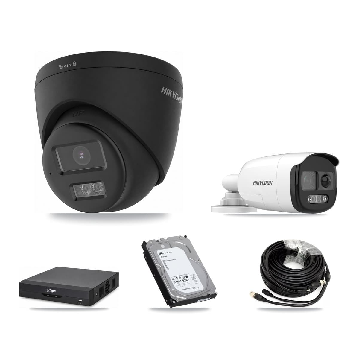 Hikvision & Dahua 4-Channel 5MP – 4K CCTV Kit — 1 5MP Bullet + 3 Black 4K Turret Cameras + 6TB Recording