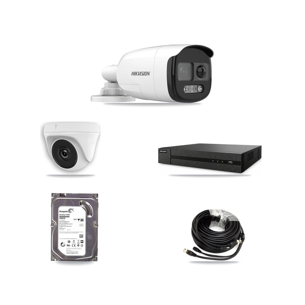 Hikvision 8-Channel 2MP – 5MP CCTV Kit — 1 DS-2CE12KF3T 5MP Bullet + 1 White HDT-2MP-N20W 2MP Dome Cameras + 2TB Recording (DVR-8CH Recorder)