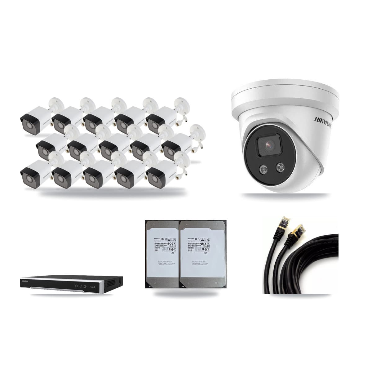 Hikvision 16-Channel 5MP CCTV Kit — 15 Bullet + 1 Turret Cameras + 2× 14TB Recording (DS-7616NI-M2 Recorder) - Image 1