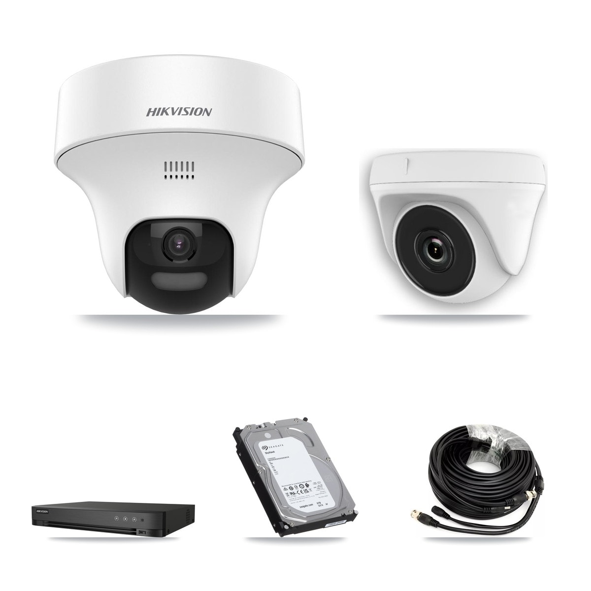 Hikvision iDS-7204HUHI-M1/XT 4-Channel DVR CCTV Kit — 3× DS-2CE70K0T-PTLTS 5MP Turret + 1× HDT-2MP-N20W-2.8MM White 2MP Dome Cameras + 6TB HDD
