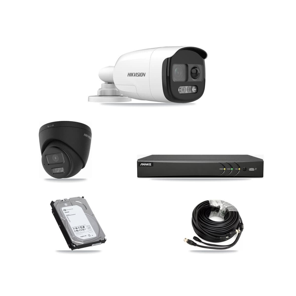 Hikvision & ANNKE 4-Channel 5MP – 4K CCTV Kit — 1 5MP Bullet + 1 Black 4K Turret Cameras + 6TB Recording